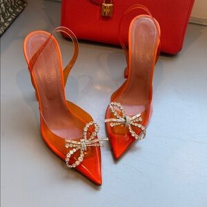 Amina Muaddi Orange Heels with Crystal Bow